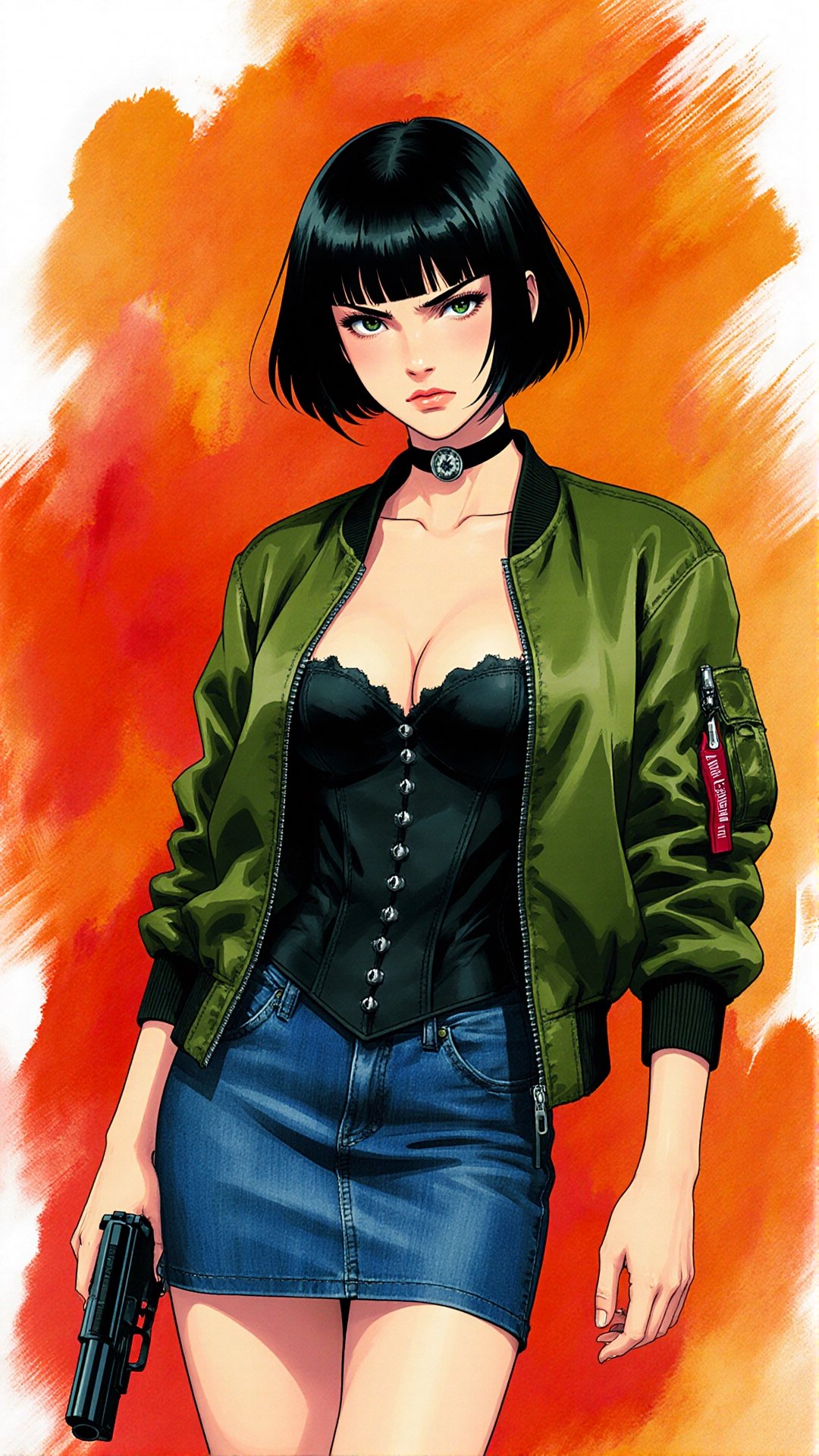 The image shows a stylized,  anime-inspired illustration of Matilda,  the girl from the movie "Leon: The Professional." Sh...