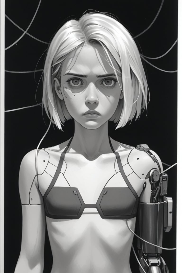 Ink art, Comic style art, Black and white portrait, Grayscale shadows, Outline drawing, American flat lay portrait, Focus on torso, American flat lay shot, Portrait, Young cyberpunk girl, Short bob hair, Serious look, Half-open eyes, Dark circles, Full lips, Two-tone cyberpunk manga style, Grayscale, Girl wears a futuristic bikini, Shoulder pads, Futuristic gauntlet with a console and keyboard in the glove, Wires, Futuristic glasses, Navel
Red gradient background,