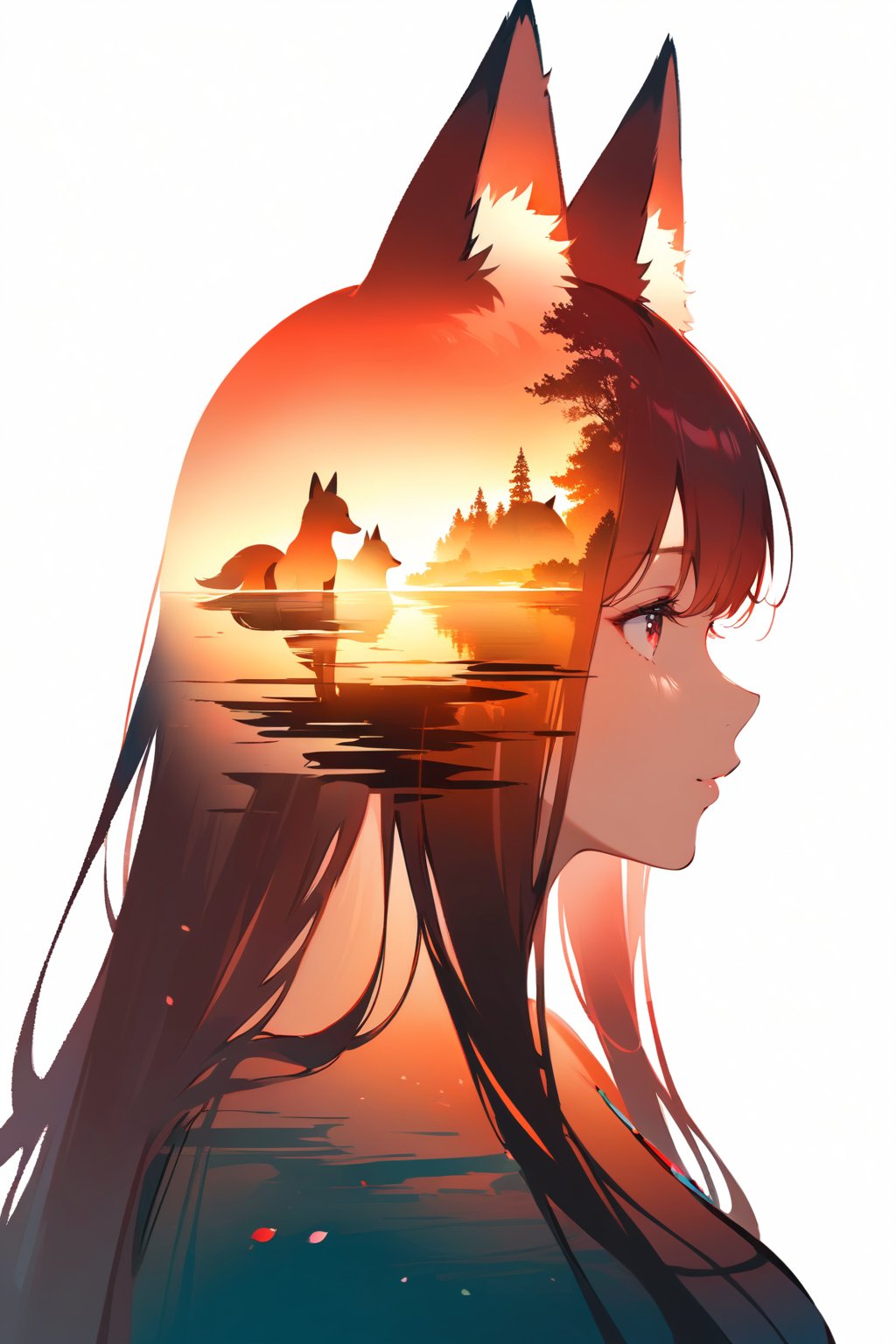 silhouette of a fox girl whit long hair in profile. long fox ears, red crimsom eyes, Soft colors. Inside the silhouette you can see the double exposure with a sakura flower and a littel fox, masterpiece, ((double exposure)), proportional.,DOUBLE EXPOSURE, warm colors