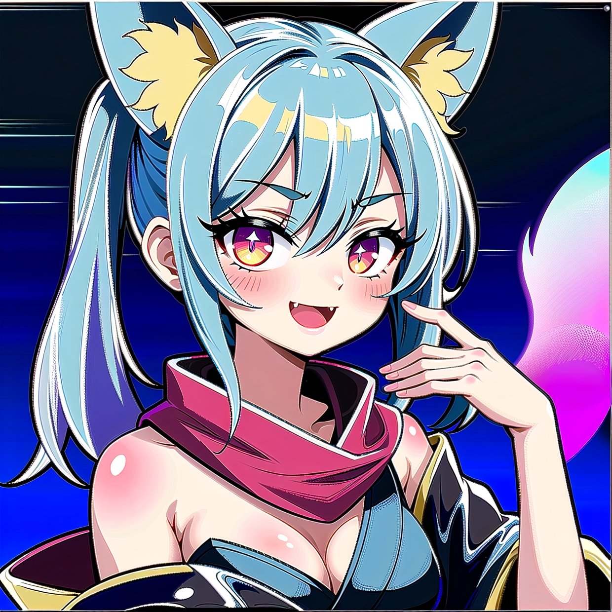 ((masterpiece, best quality)), highres, high contrast, depth of field, intense glow, simple background, 1girl, fox girl, long hair, light blue hair, cute_fang, cute, detailed eyes, sparkle in eyes, crimsom red eyes, detailed iris, black strapless kimono, black kimono, Red scarf, grin, stylized, open mouth, fang, holding a twitch logo, soft