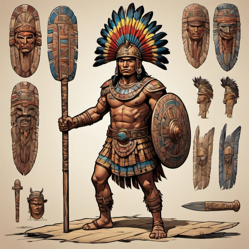 Aztec warrior The shields were colorful and covered in feathers. On their leg the warrior wore a skin band, and to cover their head they wore a helmet sculpted in wood, usually made of mahogany, which represented an eagle's head with feathers, and armed with a macuahuitl. with a single white background.
,royal medieval, comic book