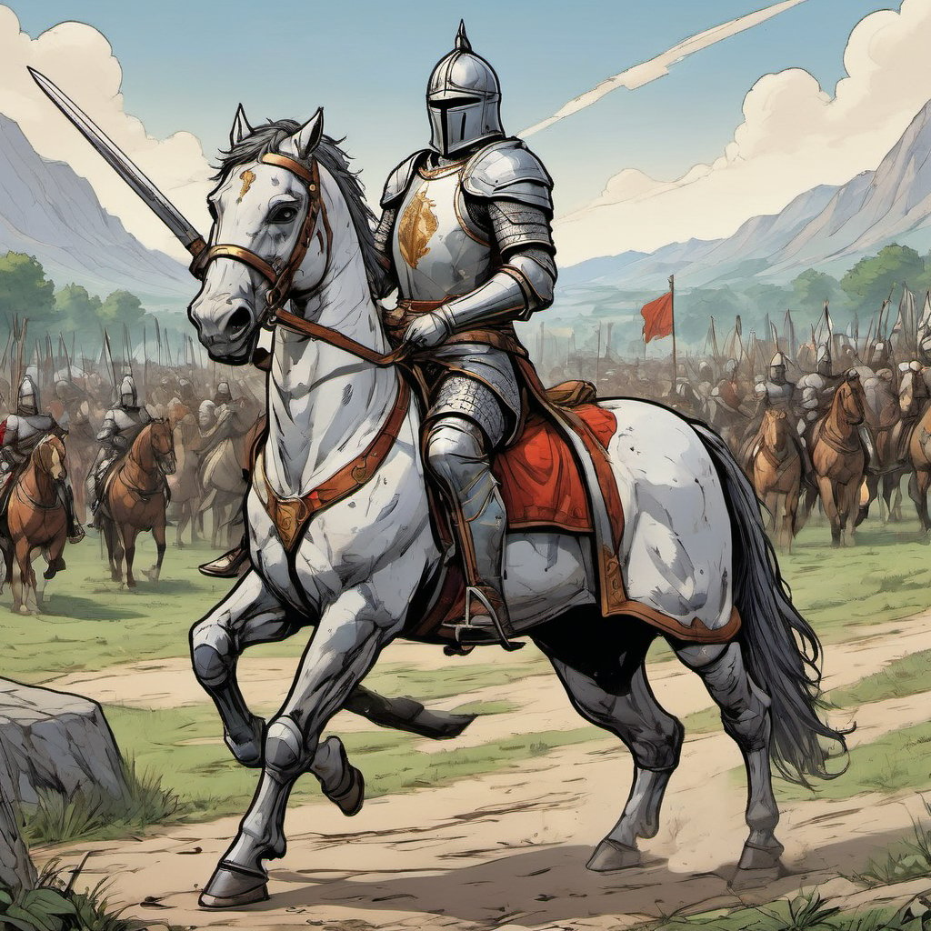 Knight with a sword on horseback with a single white background.
,royal knight,comic book