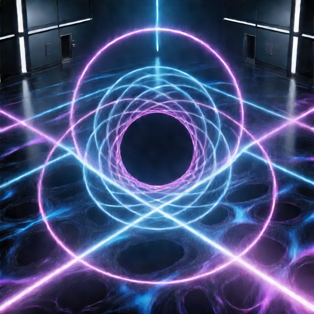 From isometric view,  a glowing hyperbolic surface of the swirling Poincaré disk model,  with luminous electric blue and p...