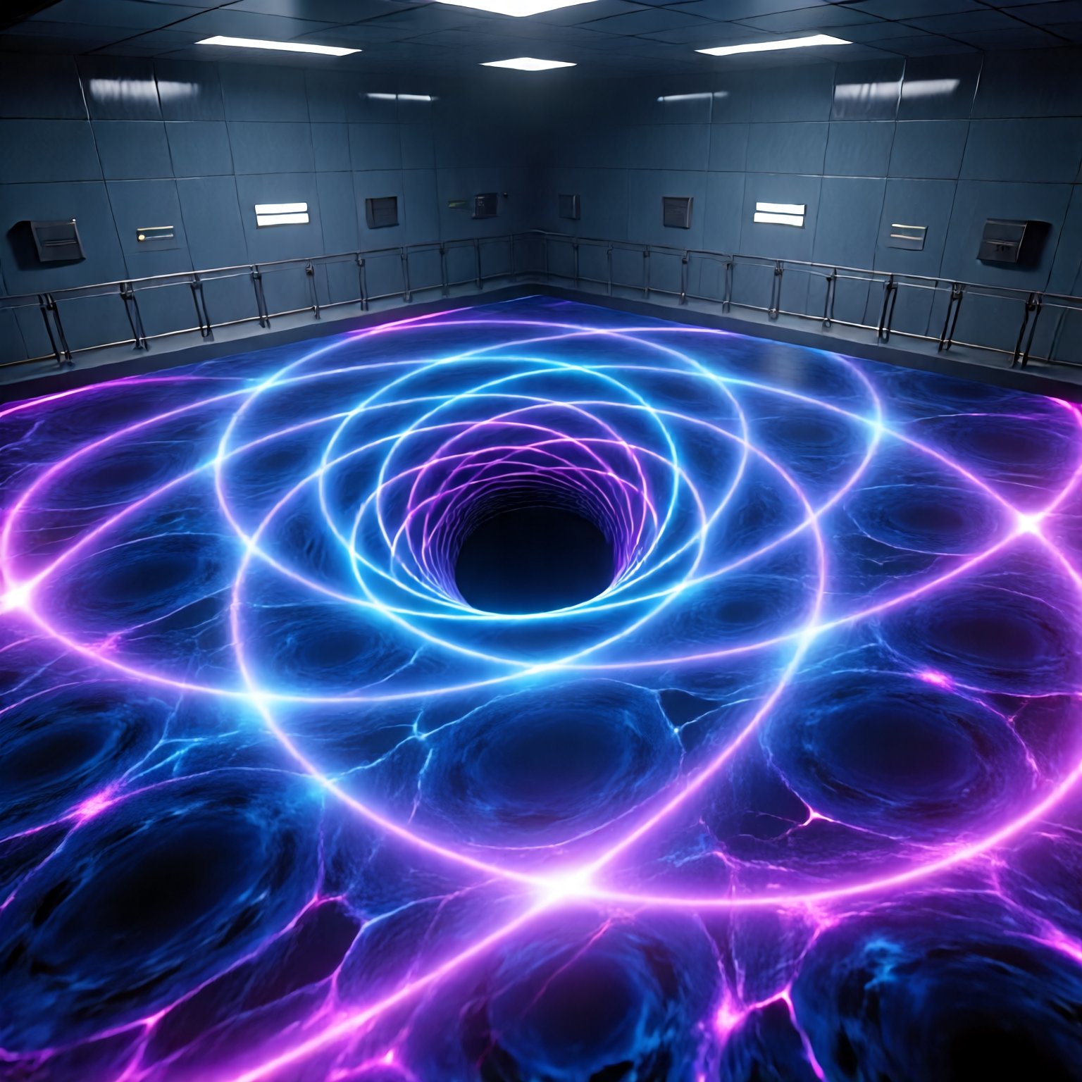From isometric view,  a glowing hyperbolic surface of the swirling Poincaré disk model,  with luminous electric blue and p...