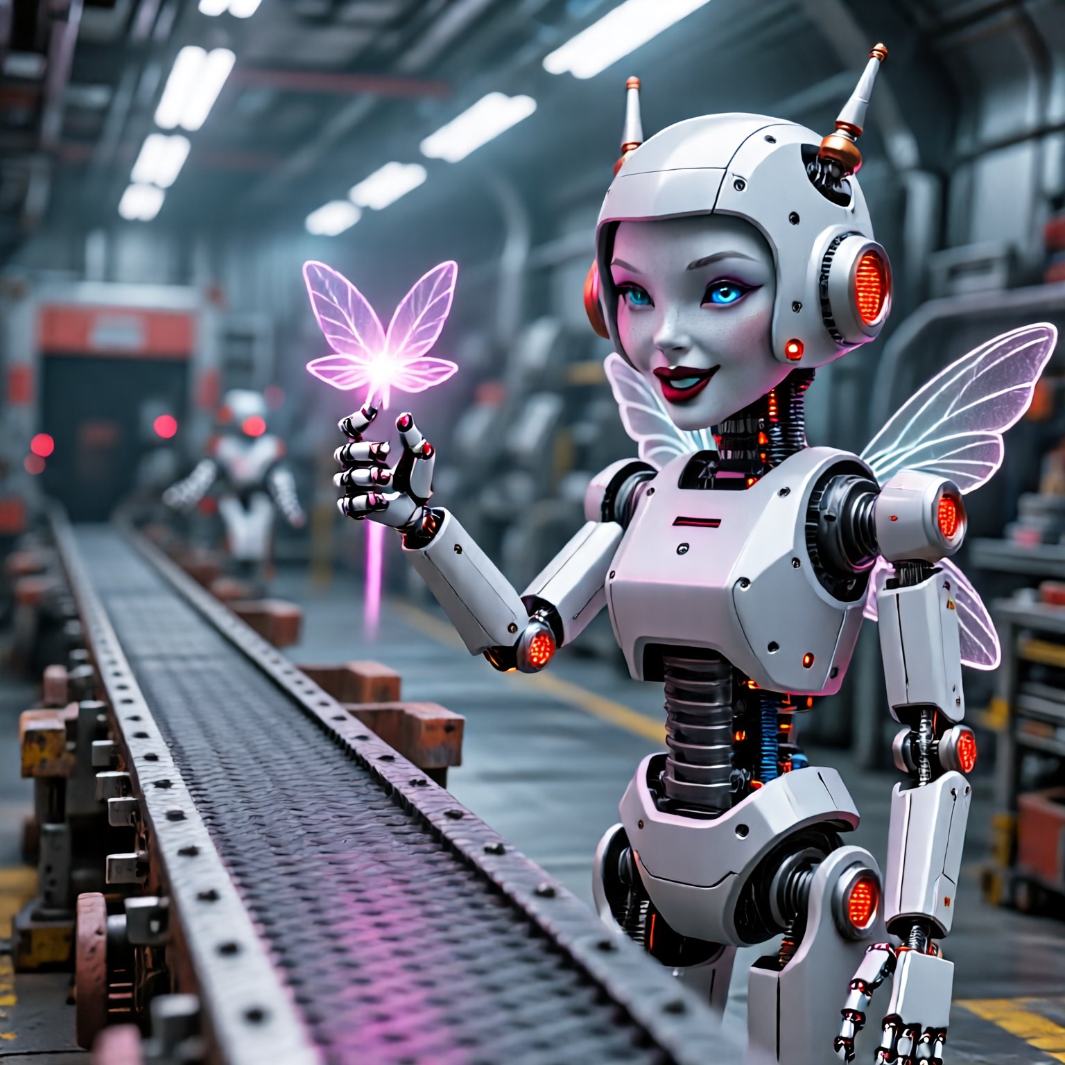 A whimsical faerie tale scene. A mischievous female robot performs self-promo while approaching the finish of the assembly...