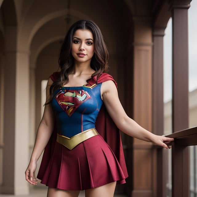 chica sensual con vestido de supergirl de escote hasta la cintura, mirada dominante, minifalda roja y piernas que provocan al andar, cuerpo de avispa perfilado, rostro atractivo de mirada sensual
