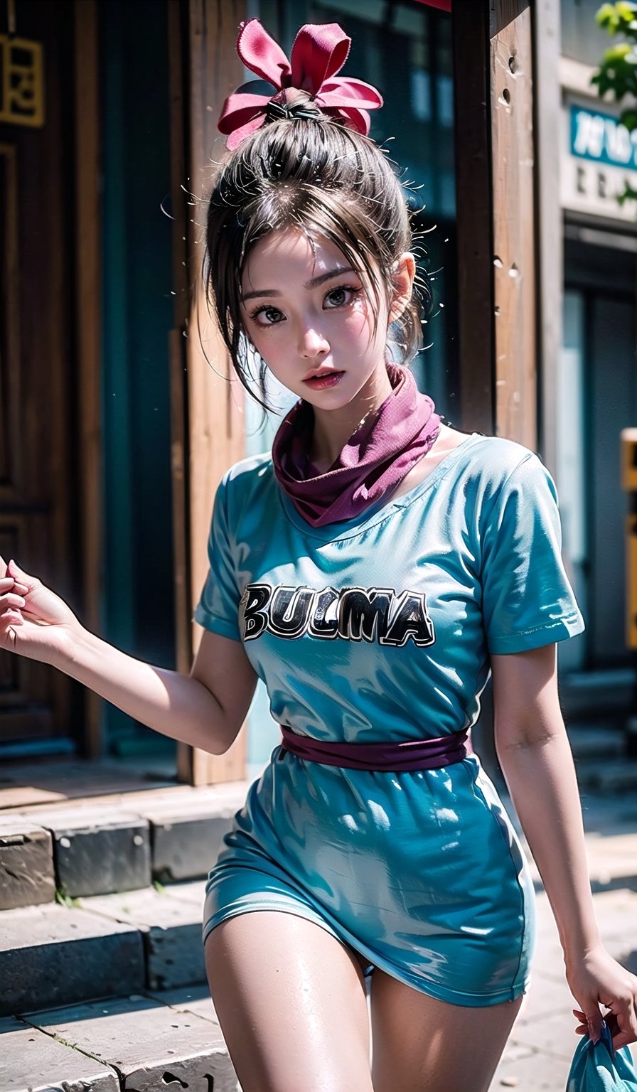 ((outdoor)), (Dragon), (bulma), (cosplay), (nipple bulge)
RAW photo, best quality), (realistic, photorealistic:1.1), masterpiece, beautiful and aesthetic, 16K, (HDR:1.2), (vibrant color:1.3), cinematic lighting, ambient lighting, side lighting, exquisite details and textures, cinematic shot, warm tone, (Bright and intense:1.1), long shot, (full body)

((Small)), ((Dragon Ball Bulma)), light blue hair with red bow, short violet scarf, a one-piece pink dress, which highlights sensuality. The dress is of moderate length, reaching the top of the thighs. Well defined legs. Short sleeves add a flirty and practical touch. Bulma is wearing light blue sneakers. She walks through the streets of China, with the shops and cars in the background.