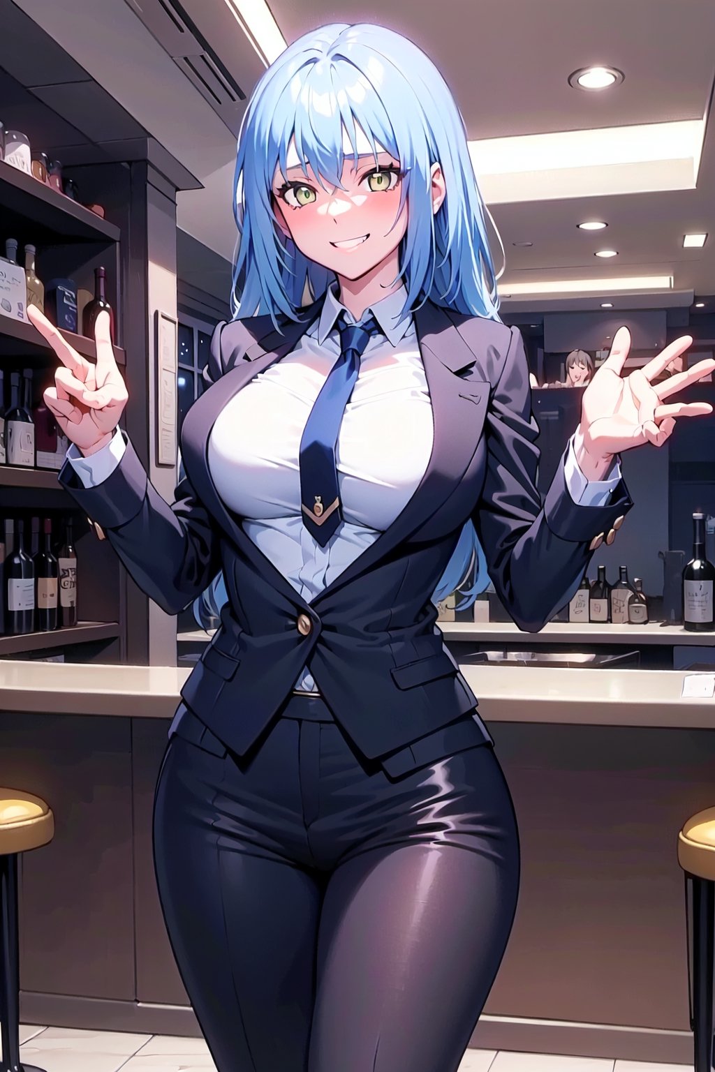 
amber_eyes, alone,
perfect_eyes, grinning , sexy_look , hot_look ,smile_face
,thong, curvy_figure,  , perfect_hands, indoors, blushing, , from_below, normal_breasts,  blue_fullbody_formal_suit 
,blue_suit,  black_normal_tie, 
 , a lot_bottles_in_baclgrounds, Violet_light ,
Violet light_baclgrounds,casino ,
,sexy_look ,
hand_resting_on_the_waist ,
hand_on_waist , ,Rimuru_Tempest, blue _hair, long_hair
, black_casino_bar , wine_glass_in_one_hand , bar ,drunk , touching_herself , male_coat_suit , formal_long_pants