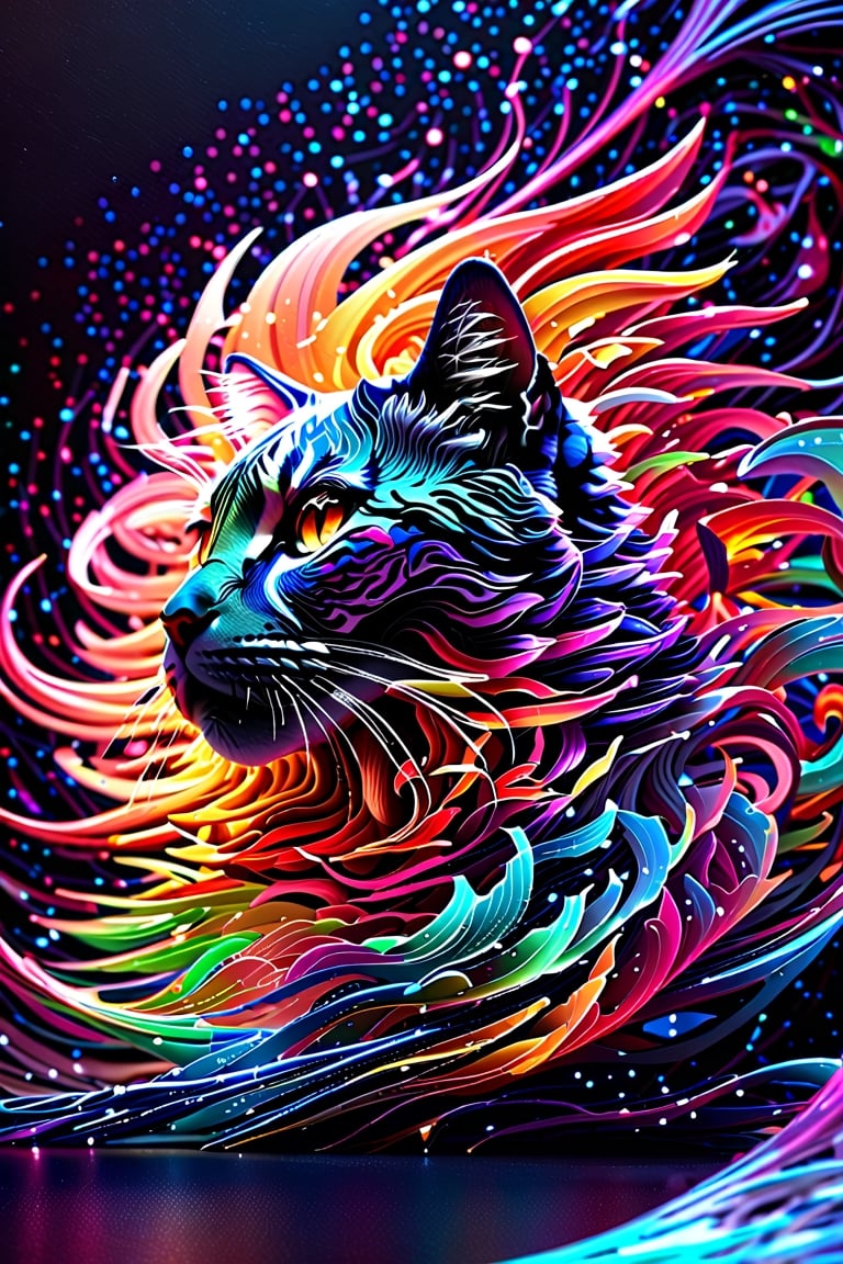 (best quality,8K,highres,masterpiece), ultra-detailed, (3D render, Octane render, silhouette), subject: "cat", visual effects: "quantum interference patterns, fantastic waves", color scheme: "vivid, colorful", art style: "luminism", characteristics: "beautifully designed, striking silhouette", ambiance: "abstract, mesmerizing", technology: "Octane render", purpose: "captivating viewer, exploration of quantum phenomena", theme: "natural elegance meets abstract beauty".