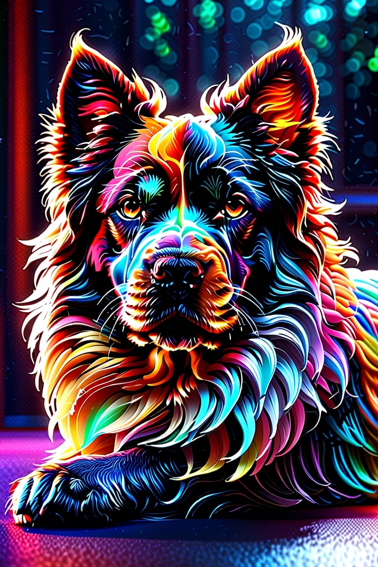 (best quality,8K,highres,masterpiece), ultra-detailed, (3D render, Octane render, silhouette), subject: "puppy dog", visual effects: "quantum interference patterns, fantastic waves", color scheme: "vivid, colorful", art style: "luminism", characteristics: "beautifully designed, striking silhouette", ambiance: "abstract, mesmerizing", technology: "Octane render", purpose: "captivating viewer, exploration of quantum phenomena", theme: "natural elegance meets abstract beauty".look ahead more