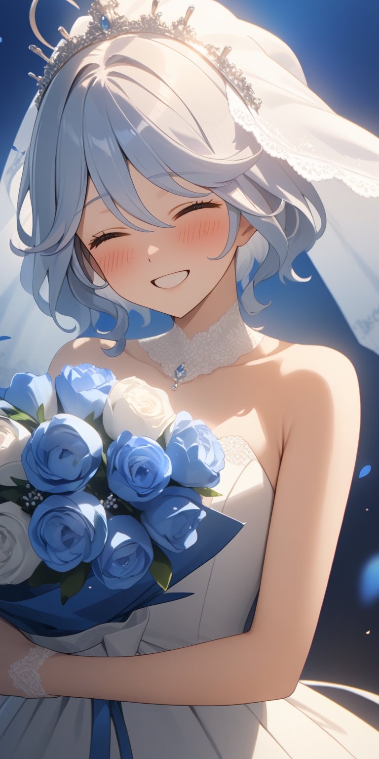 Quality, masterpiece, detailmaster, 8k, UHD, ultra high-resolution, high_res, character, solo, wedding dress, white veil, holding bouquet flower, happy face, close eyes, air, blue background, deep blush, furinanrml, Comic Book-Style 2d