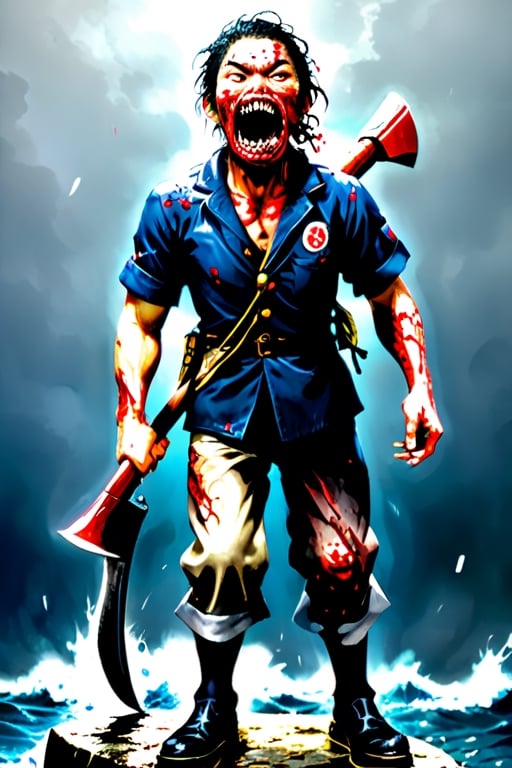 full body, ((standing, carrying axe)), crazy, innsmouth face, 1male, japanese sailor, WWII, perfect, here's johnny! (meme), bloodied face