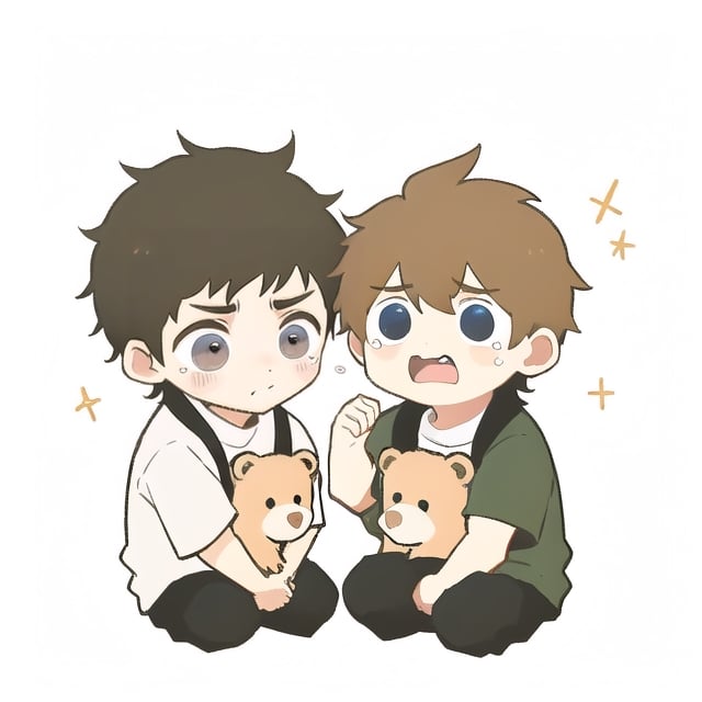 2 boys, bear cry,1boy,chibi