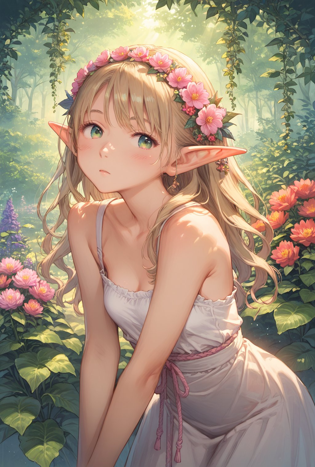 Score_9, Score_8_up, Score_7_up, 1girl, blonde hair, elf, petite, dress made of flowers, flower headband, primitive, forest, fantasy setting, curious expression, leaning forward, looking at viewer, head tilted to side, beautiful expressive eyes, god rays, ethereal lighting, upper body, gst,gouache style, peaceful,  digital painting, detailed shading,Kyoto animation style