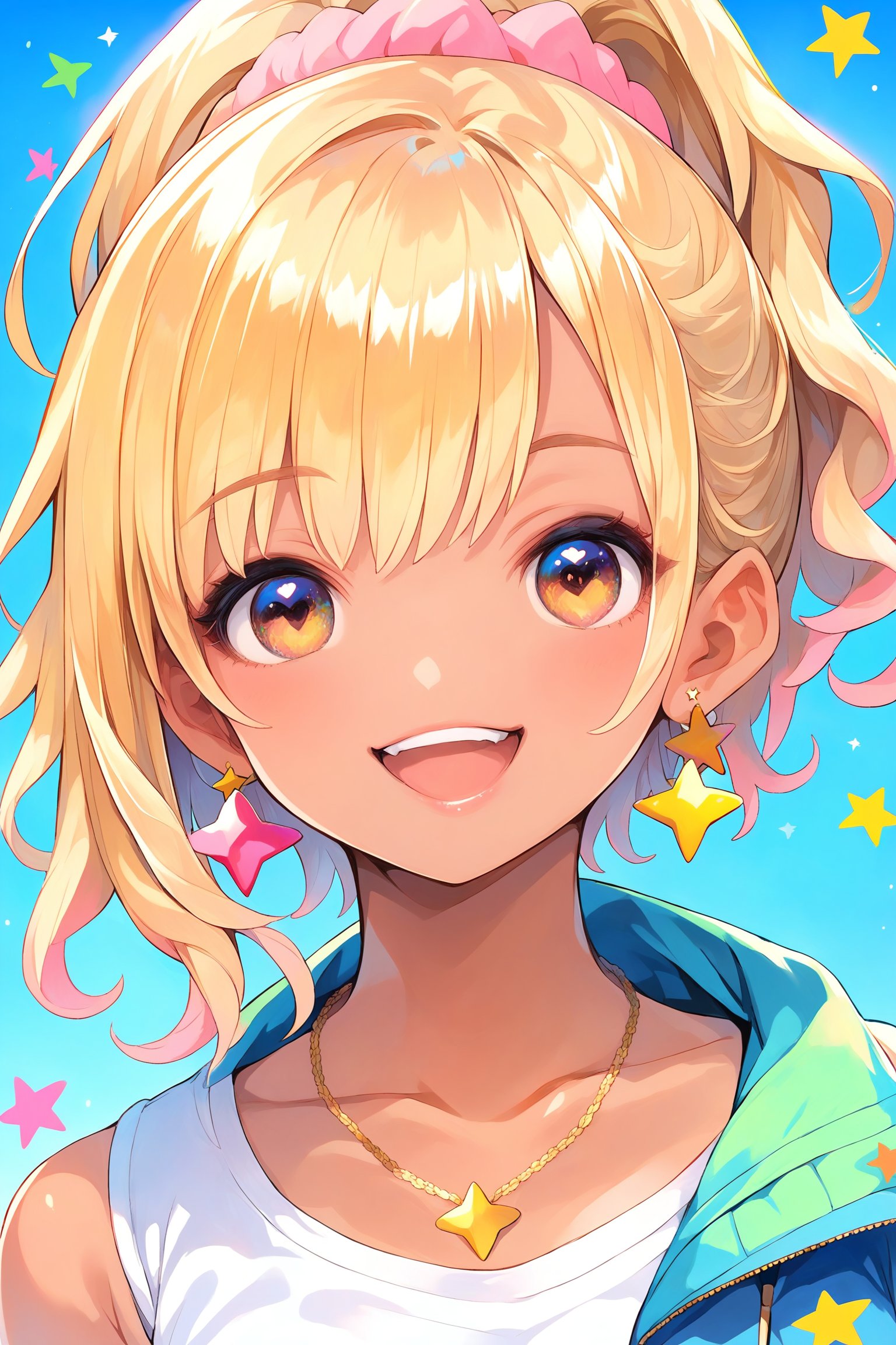 score_9,score_8_up,score_7_up,source_anime, masterpiece, high quality, aesthetic, 1 girl, (portrait), (pop art style), (colorful),  gyaru, tan skin, blonde hair, ponytail hairstyle, star earrings, heart necklace, beautiful expressive eyes, grinning, happy. Cute, moe,  full body