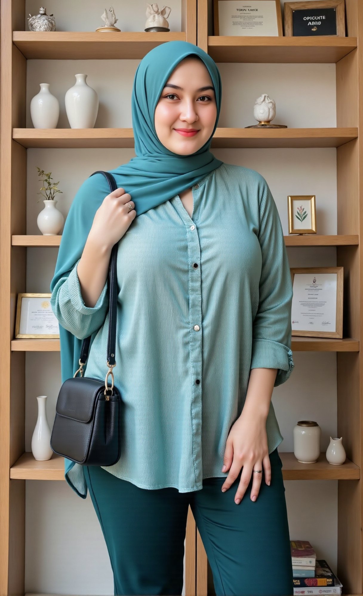 A stylish young woman wearing a teal hijab,  a green-and-white vertical striped long-sleeve blouse,  and dark teal fitted...