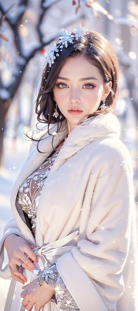 Top quality, 8K, masterpiece, snow maiden, winter night images, snowflakes, mature woman, stunning goddess shot, powerful and huge, jaw-dropping beauty, Japanese goddess, in the snow, beautiful woman with perfect body, slender abs , Highly detailed facial and skin textures, Detailed eyes, (viewed from the front), Looking into the camera, Perfect proportions, Beautiful body, Detailed skin, Detailed eyes, Perfect proportions, Beautiful body, Show off your whole body, Wearing a long white fur coat , ((Everything is sparkling and reflective)), (Optimum ratio: 4 fingers, 1 thumb), The trees in the snowy field sparkle in the morning light and ice light, it's snowing, (portrait)