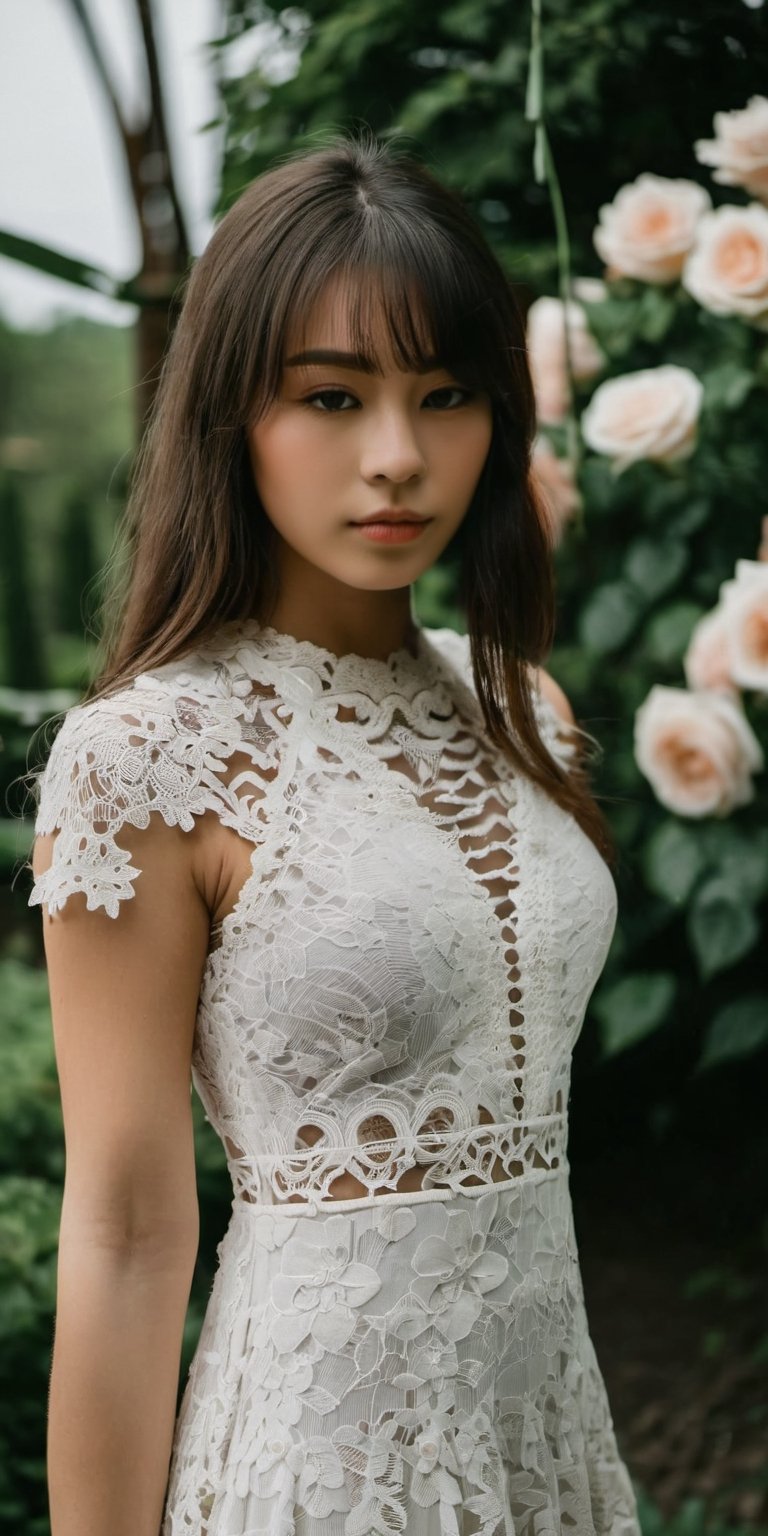 Medium shot of a girl wear lace dress in the garden of rose