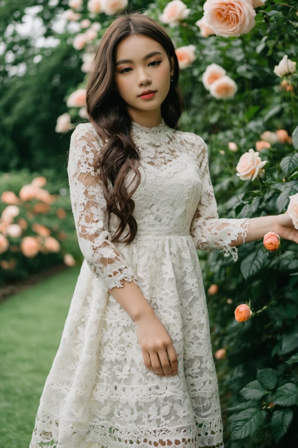 Medium shot of a girl wear lace dress in the garden of rose