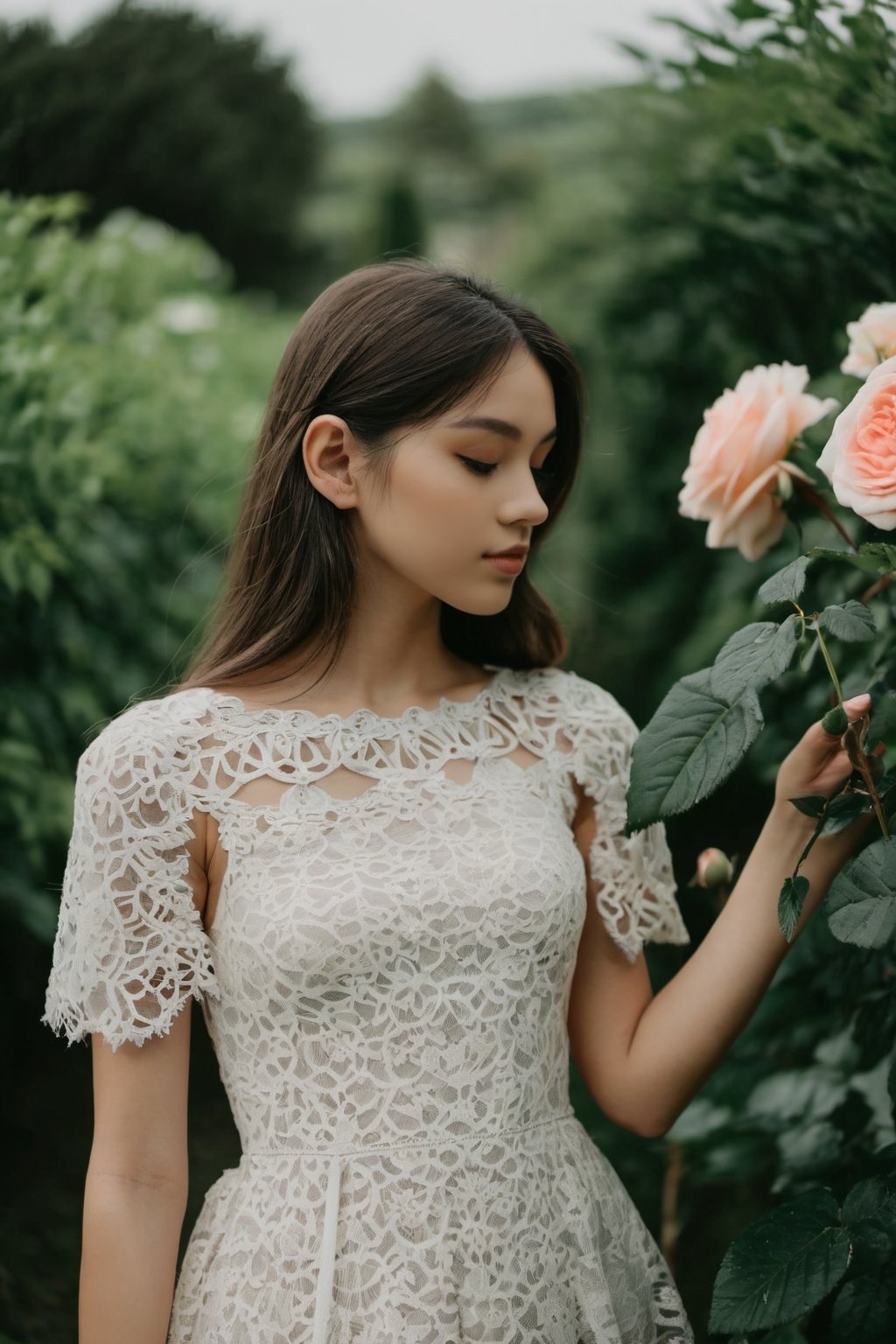 Medium shot of a girl wear lace dress in the garden of rose by Mechim on Tensor.Art