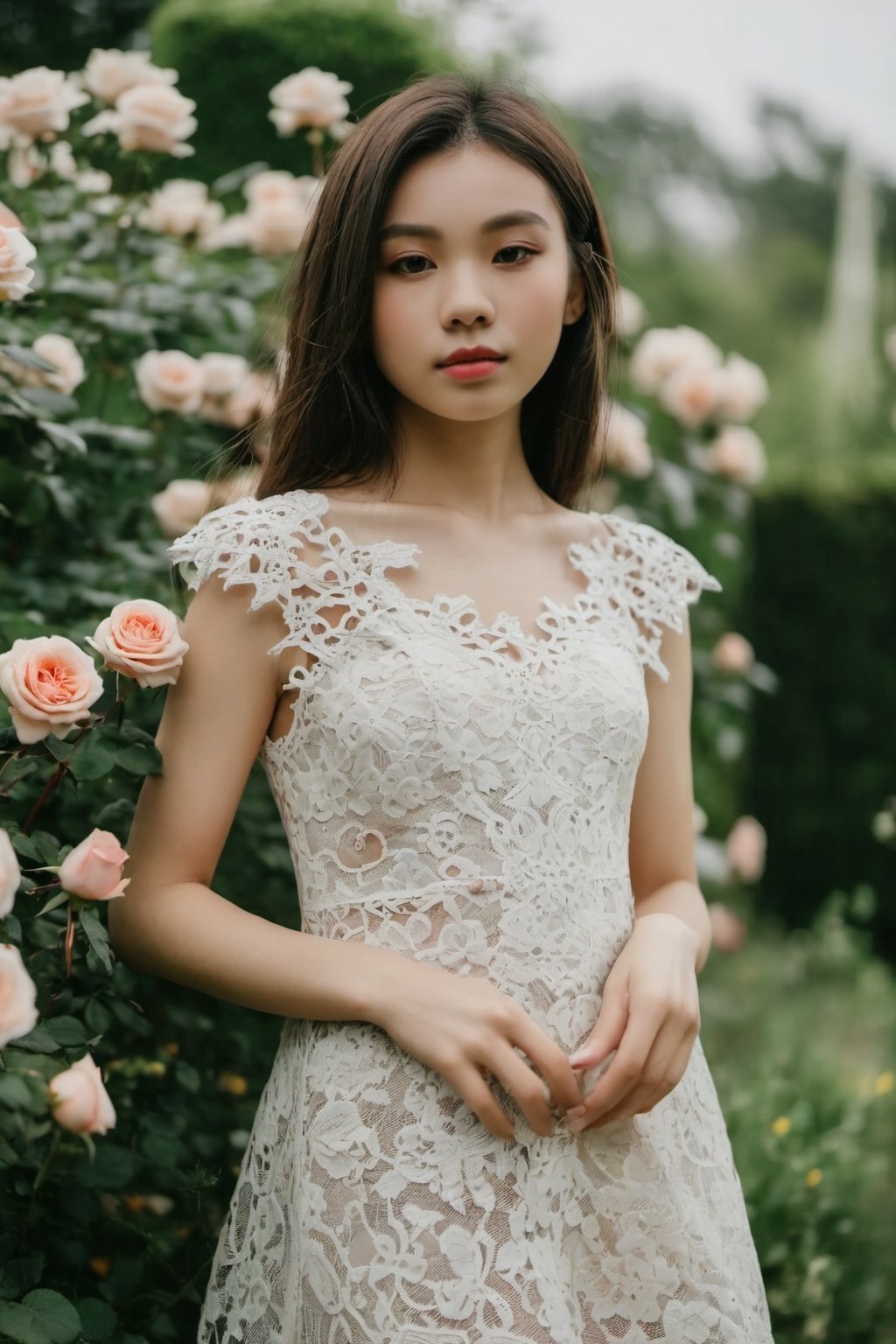 Medium shot of a girl wear lace dress in the garden of rose by Mechim on Tensor.Art