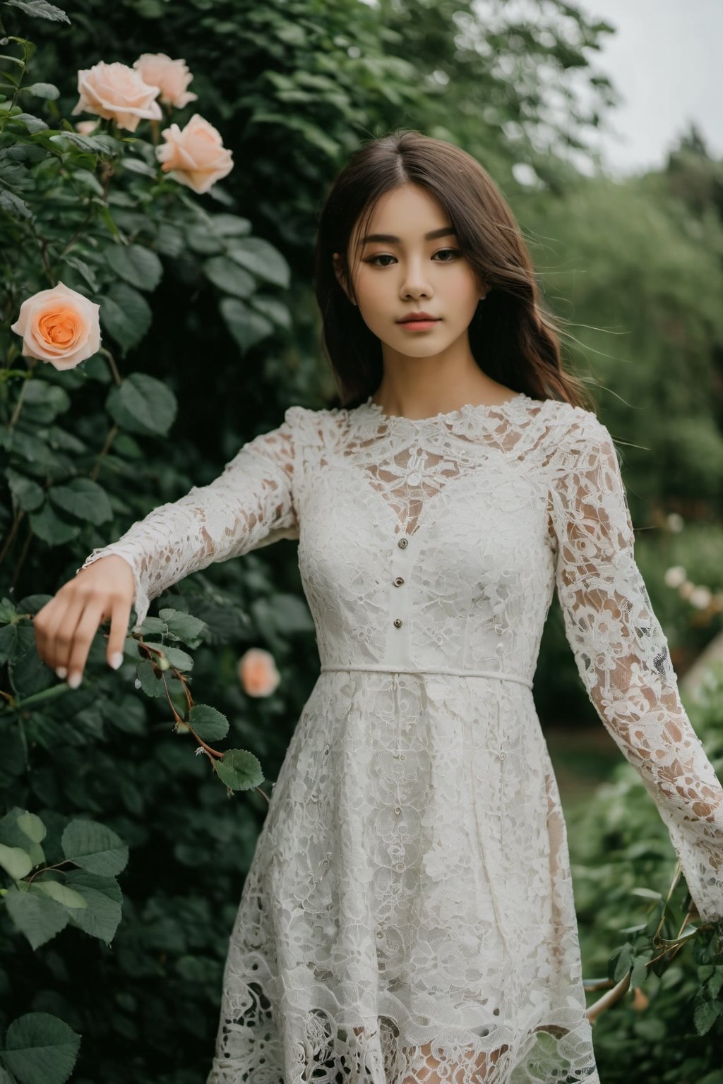 Medium shot of a girl wear lace dress in the garden of rose by Mechim on Tensor.Art