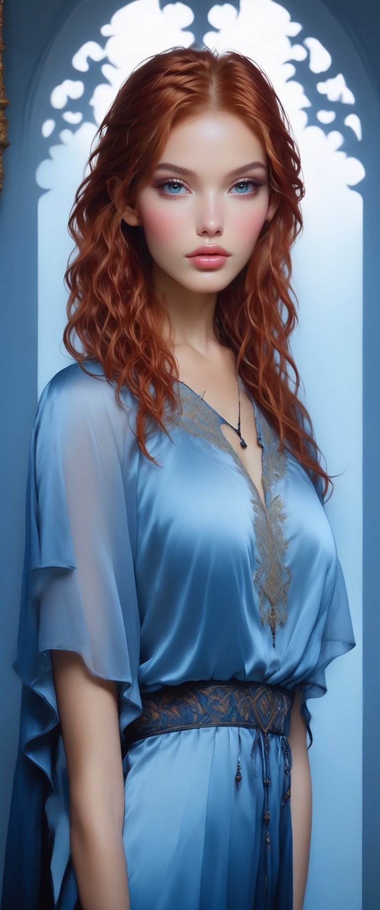 8k full body shot of beautiful 20 year old thin woman with red hair, intricate, beautifull face, elegant, highly detailed, majestic, digital hyperrealistic photography, art by artgerm and ruan jia and greg rutkowski hyperrealistic photography filigree, (masterpiece, sidelighting, finely detailed beautiful blue eyes: 1.2),
