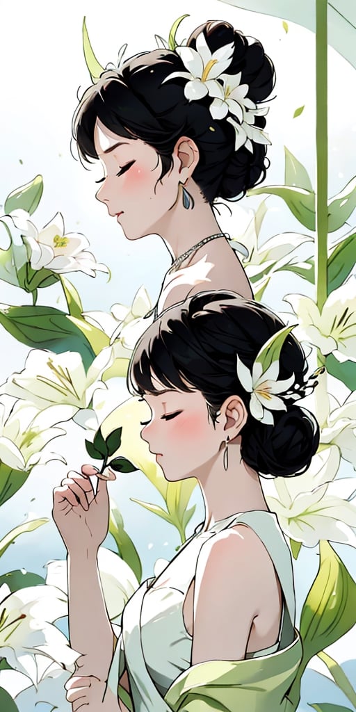 1girl, solo, black hair, hair ornament, dress, holding, jewelry, standing, full body, closed eyes, flower, earrings, barefoot, sleeveless, hair bun, from side, profile, single hair bun, white flower, green dress, long dress, holding flower, lily \(flower\),breasts,dragonbaby,front-tie bikini