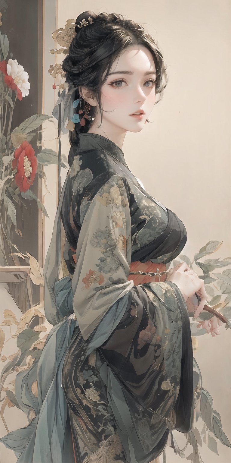 Natural Light, (Best Quality, highly detailed, Masterpiece:1.2), 16k, depth of field, ((wide shot)), 1girl  A lady with long black hair, Full body picture,Tang Dynasty Clothing,barefoot, wearing a white strapless kimono, dark green silk thread, Transparent watercolor, splash ink rendering, chaos rendering, (beautiful and detailed eyes), (realistic detailed skin texture), (detailed hair), (realistic light and shadow), (clean outline, sketch style line art),ink splash,solid color background