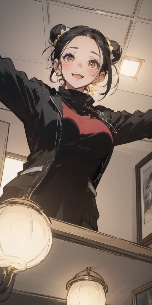 1girl, solo, looking at viewer, open mouth, shirt, black hair, hair ornament, jewelry, jacket, upper body, earrings, teeth, indoors, hair bun, black eyes, lips, black jacket, double bun, upper teeth only, from below, outstretched arms, red shirt, forehead, ceiling, ceiling light