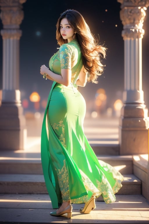 {{best quality}}, {{masterpiece}}, {{ultra-detailed}}, {illustration}, {detailed light}, {an extremely delicate and beautiful}, a girl,  messy floating hair, green dress, standing and looking ,  feminine , depth of field,acmm ss outfit,Myanmar,viewed from behind full body.,3va,Mecha body,Perfect Anything,Sexy Pose,milf,Styles Pose,Striking Pose,1 girl