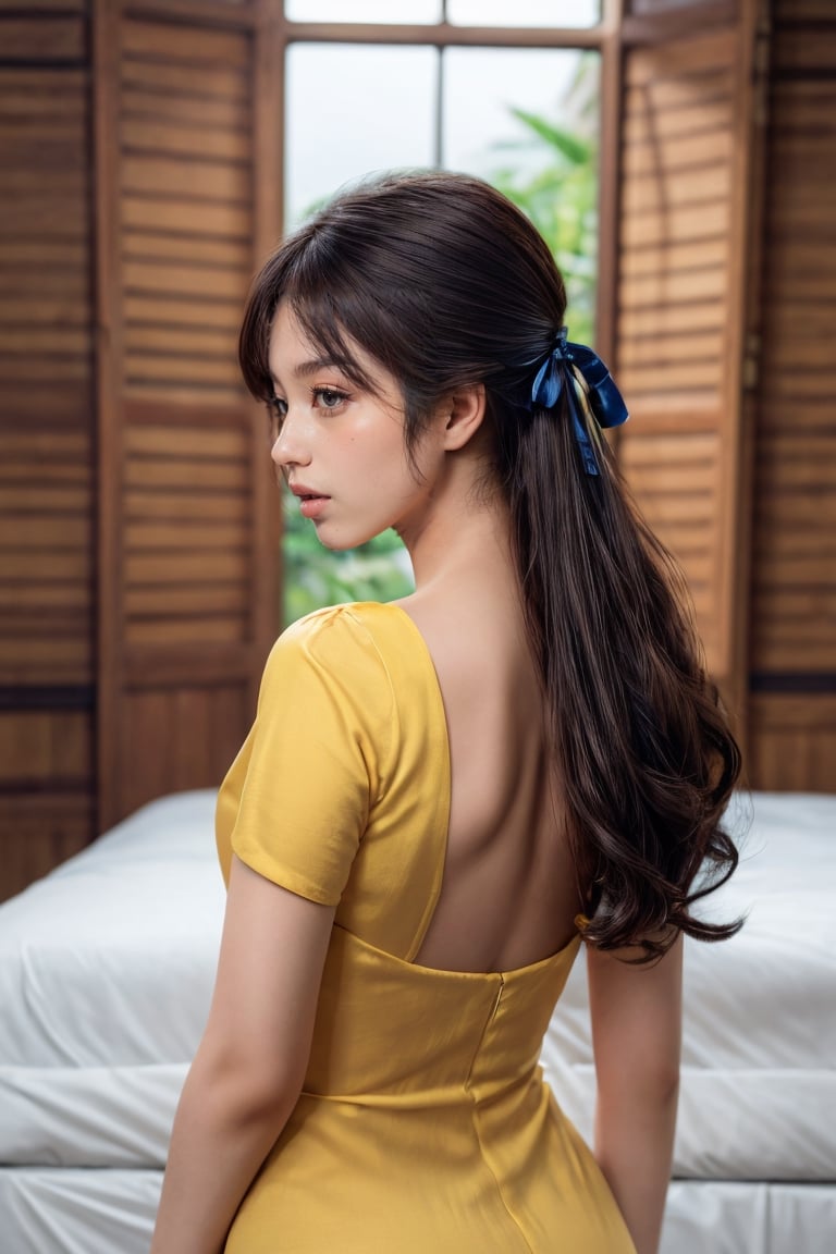 (((masterpiece))),best quality, illustration,(beautiful detailed girl),beautiful detailed glow,(beautiful detailed eyes),expressionless,azure hair,disheveled hair,long bangs, hairs between eyes,(yellow dress),black ribbon,acmm ss outfit,Myanmar.viewed from behind.perfect body.perfect face.