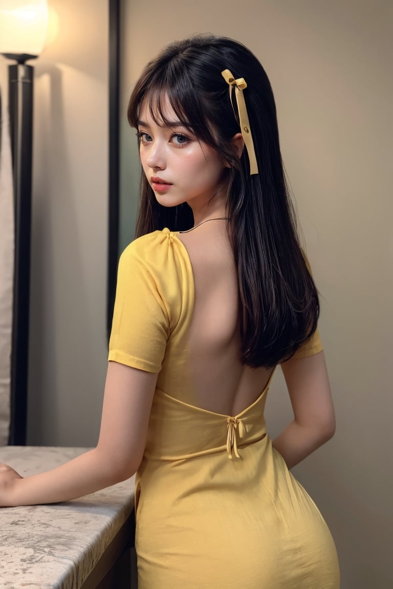 (((masterpiece))),best quality, illustration,(beautiful detailed girl),beautiful detailed glow,(beautiful detailed eyes),expressionless,azure hair,disheveled hair,long bangs, hairs between eyes,(yellow dress),black ribbon,acmm ss outfit,Myanmar.viewed from behind.perfect body.perfect face.