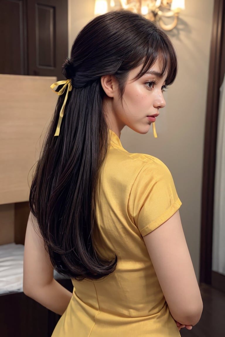 (((masterpiece))),best quality, illustration,(beautiful detailed girl),beautiful detailed glow,(beautiful detailed eyes),expressionless,azure hair,disheveled hair,long bangs, hairs between eyes,(yellow dress),black ribbon,acmm ss outfit,Myanmar.viewed from behind.perfect body.perfect face.