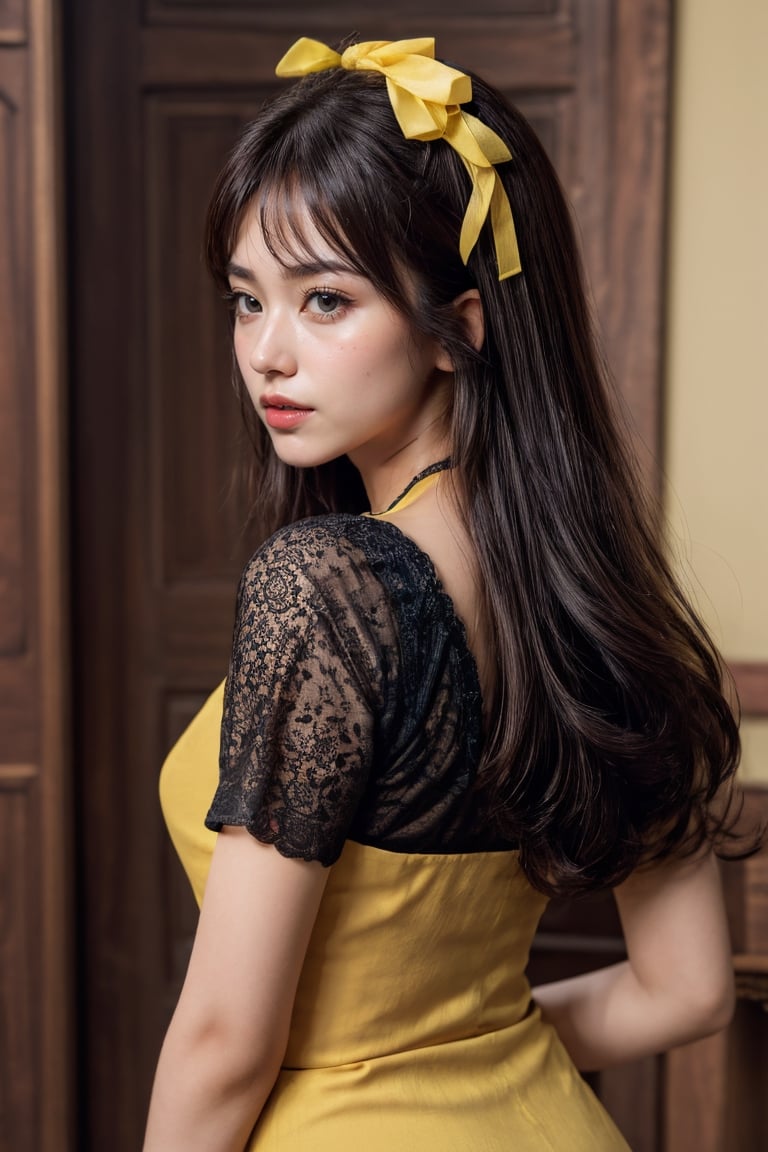 (((masterpiece))),best quality, illustration,(beautiful detailed girl),beautiful detailed glow,(beautiful detailed eyes),expressionless,azure hair,disheveled hair,long bangs, hairs between eyes,(yellow dress),black ribbon,acmm ss outfit,Myanmar.viewed from behind.perfect body.perfect face.