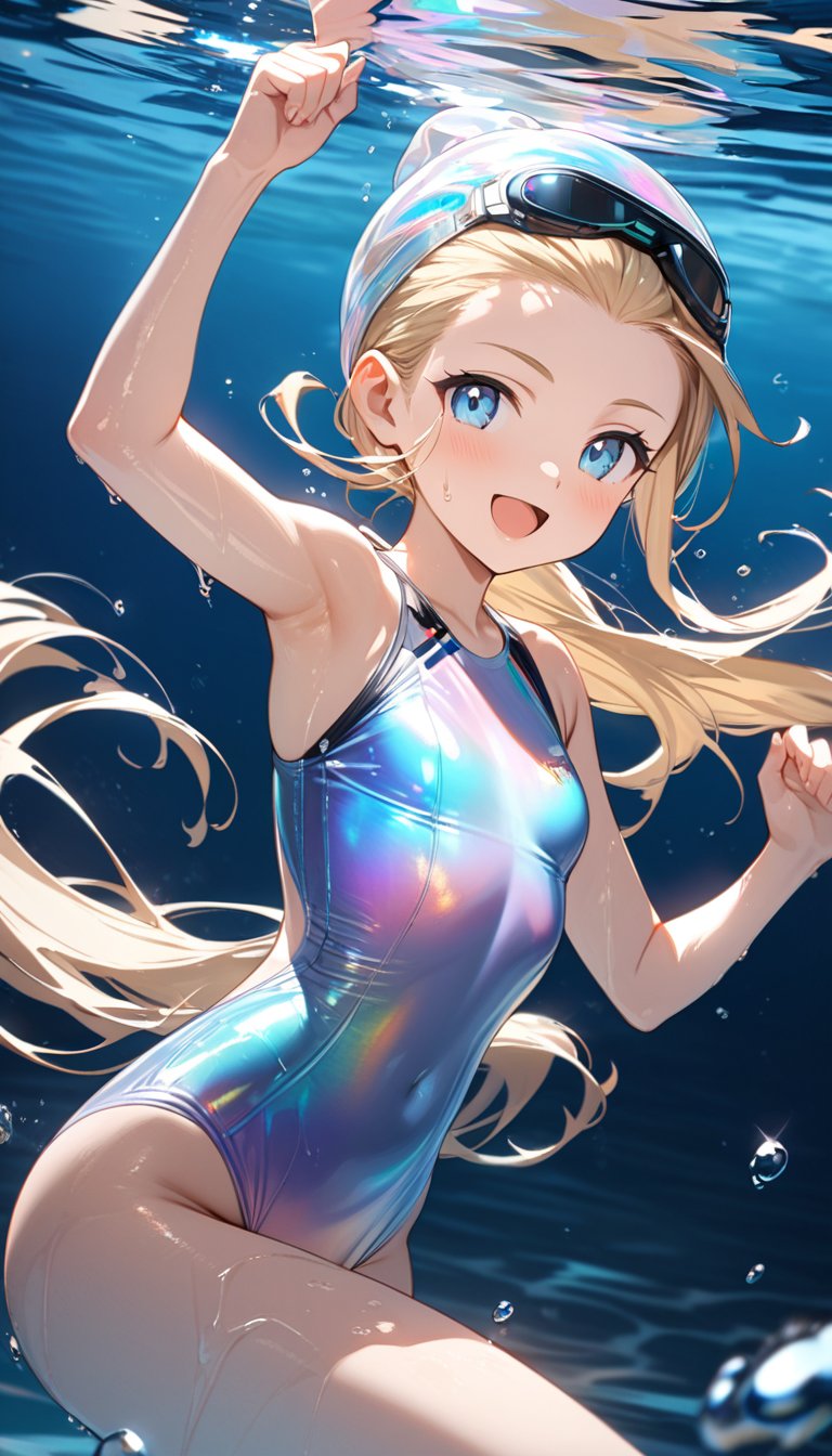 Anime style, 4K UHD, high quality, masterpiece:1.5
Character: 1 girl (solo), 20yo, blonde very long hair (wet and slicked back):1.2, blue eyes, open mouth, smiling, cheerful expression
Outfit: (high-tech sleek one-piece swimsuit):1.5, (iridescent and holographic design):1.3, (built-in performance sensors):1.2
Pose: dynamic swimming pose, mid-stroke, splashing water:1.3
Setting: futuristic Olympic swimming pool:1.4, (clear acrylic walls):1.2, advanced timing systems, holographic scoreboards
Props: (high-tech swimming goggles):1.2, (streamlined swim cap with built-in communication device):1.3
Atmosphere: water splashes:1.3, dynamic lighting reflecting off water surface, underwater lighting effects
Details: sharp focus, detailed water textures, droplets on skin, photoreal:1.2
Style: anime, sports, futuristic, advanced technology