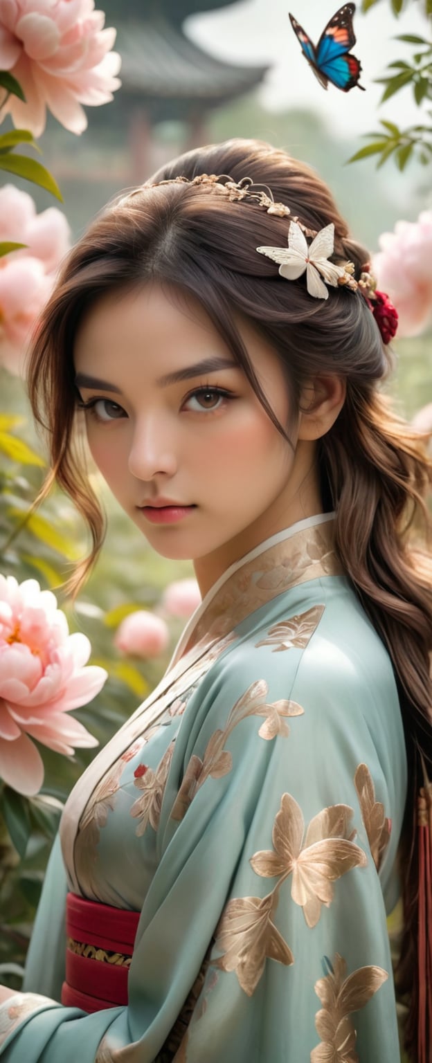 In a cinematic frame, a stunning girl in hanfu attire stands amidst a breathtaking peony garden, where delicate petals dance in the soft, ethereal light. A butterfly flutters nearby, its iridescent wings glimmering with intricate details. The fusion of Art Nouveau and Gongbi painting styles is exemplified through the gold, white, and red hues that blend harmoniously. The subject's gaze meets the camera's, her fair skin glowing with a subtle sheen. Her beautiful face, adorned with detailed decoration and lines, appears as a masterpiece against the vibrant backdrop, bathed in gorgeous light and shadow. Unreal Engine-like quality shines through in this UHD/HDR composition.,More Reasonable Details