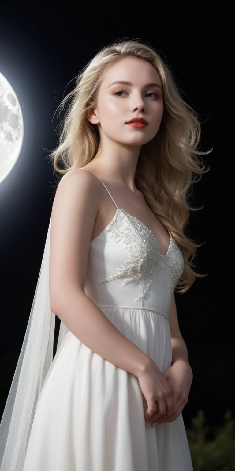 A teenage girl stands serene against a velvety black night sky, her porcelain-pale skin glowing softly in the moonlight. She wears a flowing white dress that rustles gently as she poses, paired with gleaming white boots that seem to shimmer in harmony. Her lovely face is bathed in an ethereal light, highlighting her luscious locks and juicy lips that curve into a subtle smile. The moon's gentle rays dance across her hair, imbuing the scene with an air of mystique.