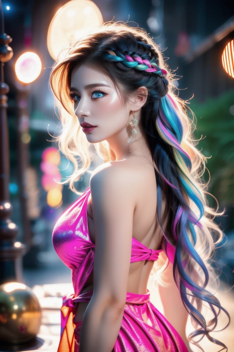 A masterpiece of a portrait photograph, set against a dark background with pink color lighting at 1.5 intensity, spotlights the exquisite subject from the side. Her multicolored, wavy hair cascades down her slender body, adorned with short sidelocks. Her blue eyes sparkle with a subtle tareme, as she tilts her head and poses in a shoulderless sundress. The camera captures her 3D face, flat chest, and cute facial features, all while showcasing the model's balanced physique. Shiny hair and skin complete this stunning visual masterpiece.