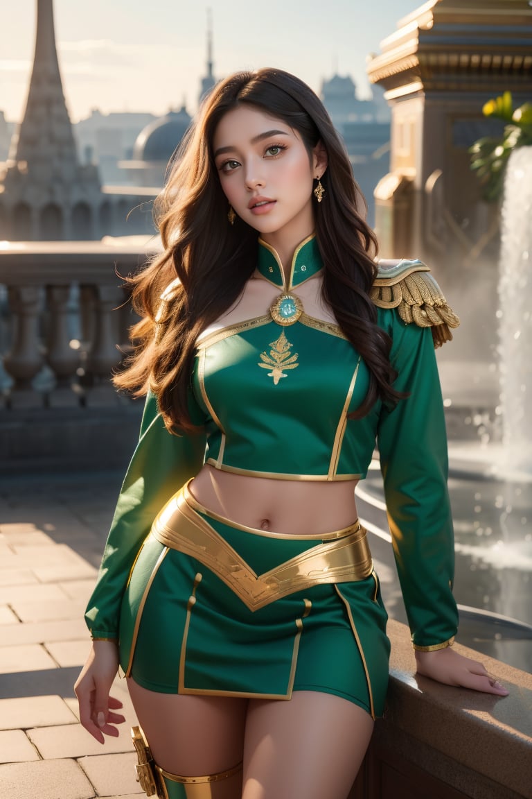 A stunning, high-ranking officer stands proudly in front of the Imperial Lunar Base's backdrop. Her long brown hair falls down her back like a golden waterfall. Green eyes gleam with authority, piercing through the camera lens. She wears a tailored navy blue uniform with gold embroidery, complete with epaulets and a sleek skirt that falls just above the knee. Black polished boots add to her statuesque presence.

The lighting is nothing short of breathtaking, with a vibrant color palette and a sense of depth created by the Kodak Portra 400 film grain. The blurry background features a subtle bokeh effect, drawing attention to our subject's radiant beauty. Lens flares dance across her face, accentuating her striking features: large breasts, perfect nose, and expressive eyes that seem to bore into the viewer.

The 20-year-old young woman exudes confidence and poise as she stands at attention, her body a testament to her physical fitness. Her character design is nothing short of beautiful, with every curve and contour expertly crafted to create a sense of perfection. The camera captures her perfect balance, as if frozen in time, inviting the viewer into her world. This is a masterpiece of photography, an official art piece that demands attention and admiration.