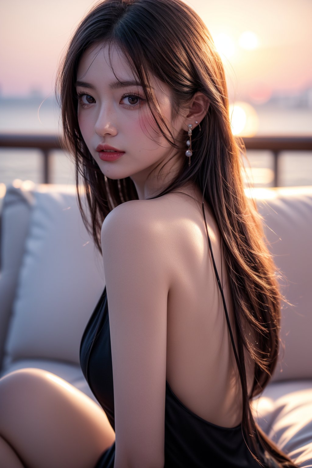 a chinese woman sitting at a open space, a stock photo, private press, beautiful eyes, high detail eyes, beautiful face, high detail face, high detail skin, beautiful hands, beautiful fingers, beautiful eyelashes, 1girl, solo, ,masterpiece, high quality, highres, absurdres, high details,8k,HDR,raw photo,realistic, bokeh, shallow depth of field, (half-body:0.6), warm tones, elegant sitting pose, wear black dress, (looking at viewer:1.4), from behind, little sexy, medium breasts, white sofa, horizon, (simple sunset background:1.3), earrings, halo sunlight, (outdoors:1.4)