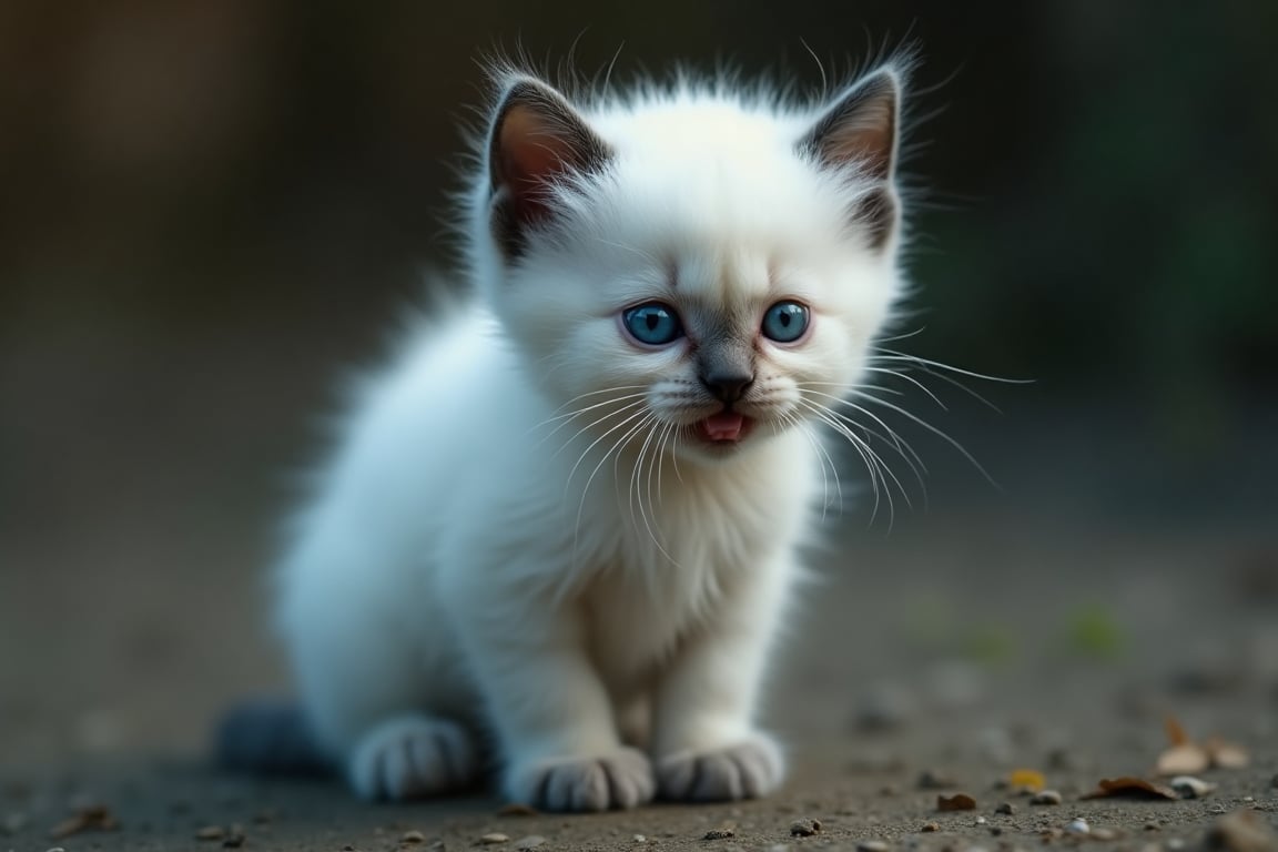 cinematic film still ((BBC Style)) picture of cute white baby kitten mobster in (wildlife) ,  white and grey fur,  thick m...