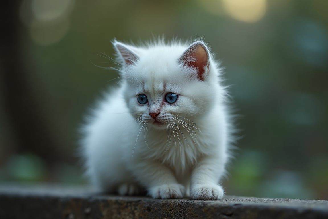 cinematic film still ((BBC Style)) picture of cute white baby kitten mobster in (wildlife) ,  white and grey fur,  thick m...