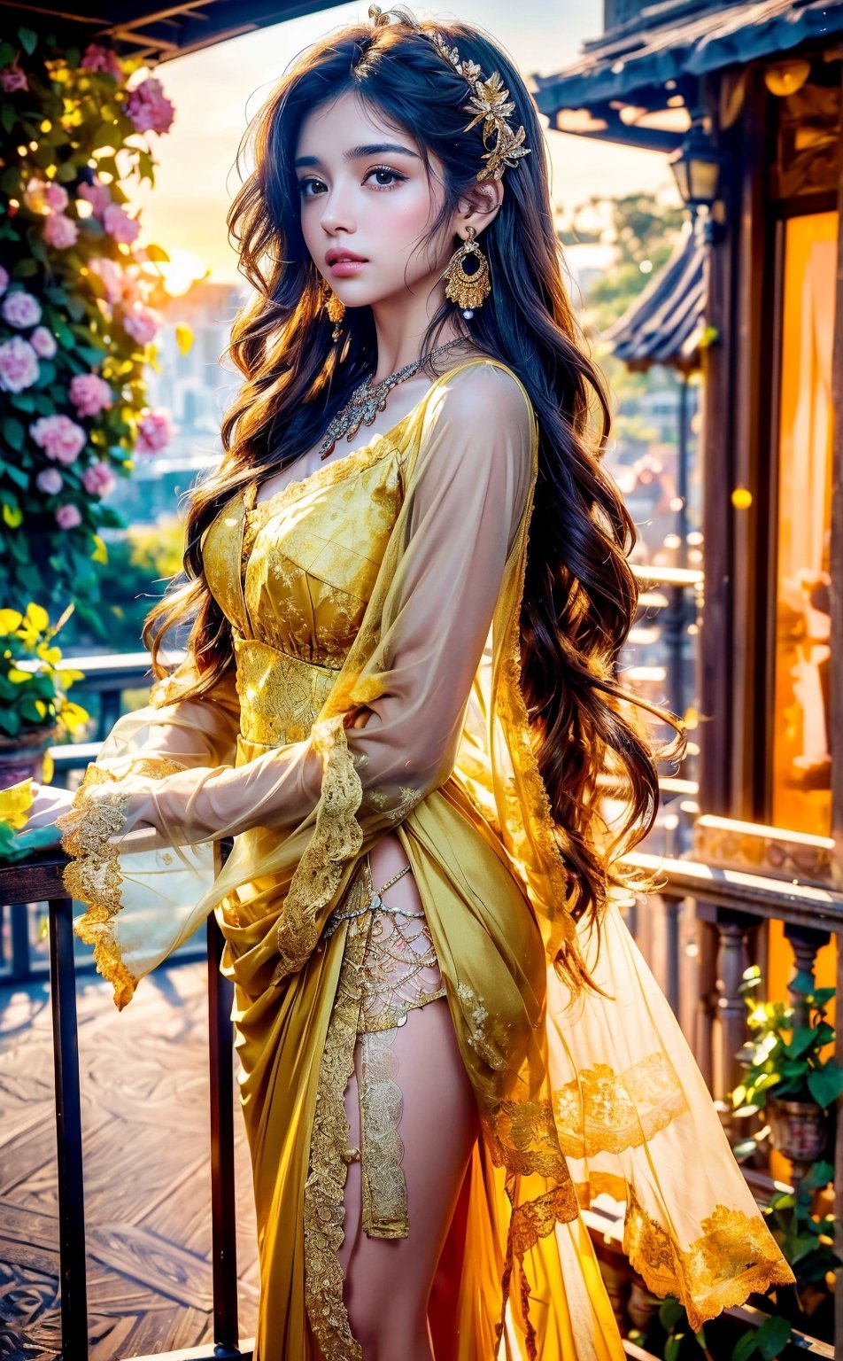 A girl with long, wavy brown hair, adorned with golden earrings and a matching necklace. She has ears with beautiful earrings and is gazing into the distance. ((She's wearing a yellow lace corseted dress. The dress has a sheer, flowing overlay.)), She stands on a balcony or terrace, surrounded by lush greenery and pink flowers. ((The backdrop reveals a cityscape during sunset, with the golden hues of the setting sun casting a warm glow over the scene.)), photo,D@ri919,midjourney,d@ri919