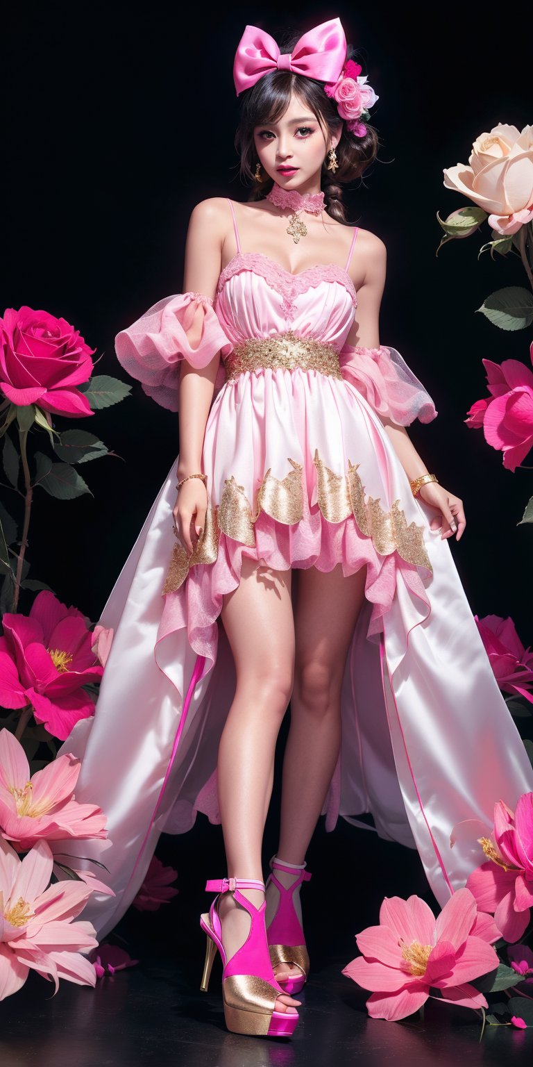 ((full body shot, high heels)),(masterpiece,  best quality,  highres:1.3),  ultra resolution image,  (1girl),  (solo),  black hair,  very_large_hair,  light_purple_eyes, magazine style,pigtails in her hair with pink bows, a big rose in her hand, a luxurious white dress with gold, a pink choker with white lace, sitting on a giant pink diamond, black background,fluffy dress, whole body, full body shot, high heels