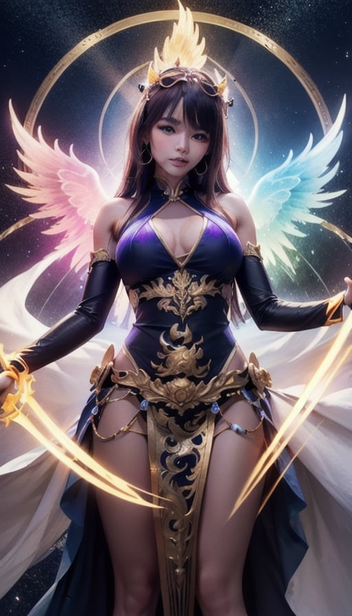 a Chinese girl with dark magic of Leo, unreal, having purple long hair, large breasts, ethereal, featuring an optical illusion, divine weapon, holding a large divine ax with both hands, gold armor with lion, riding a large male lion, mystical, luminous, with twinkling lights, surreal, showcasing 3D fractals, high resolution, sharp details, soft, with a dreamy glow, translucent, water drops, in 8k resolution, resembling a nebula, beautiful, with a broken glass effect, without a background, stunning, representing something that doesn't even exist, a mythical being exuding energy, textures, iridescent and luminescent scales, breathtaking beauty, pure perfection, with a divine presence, unforgettable, and impressive.