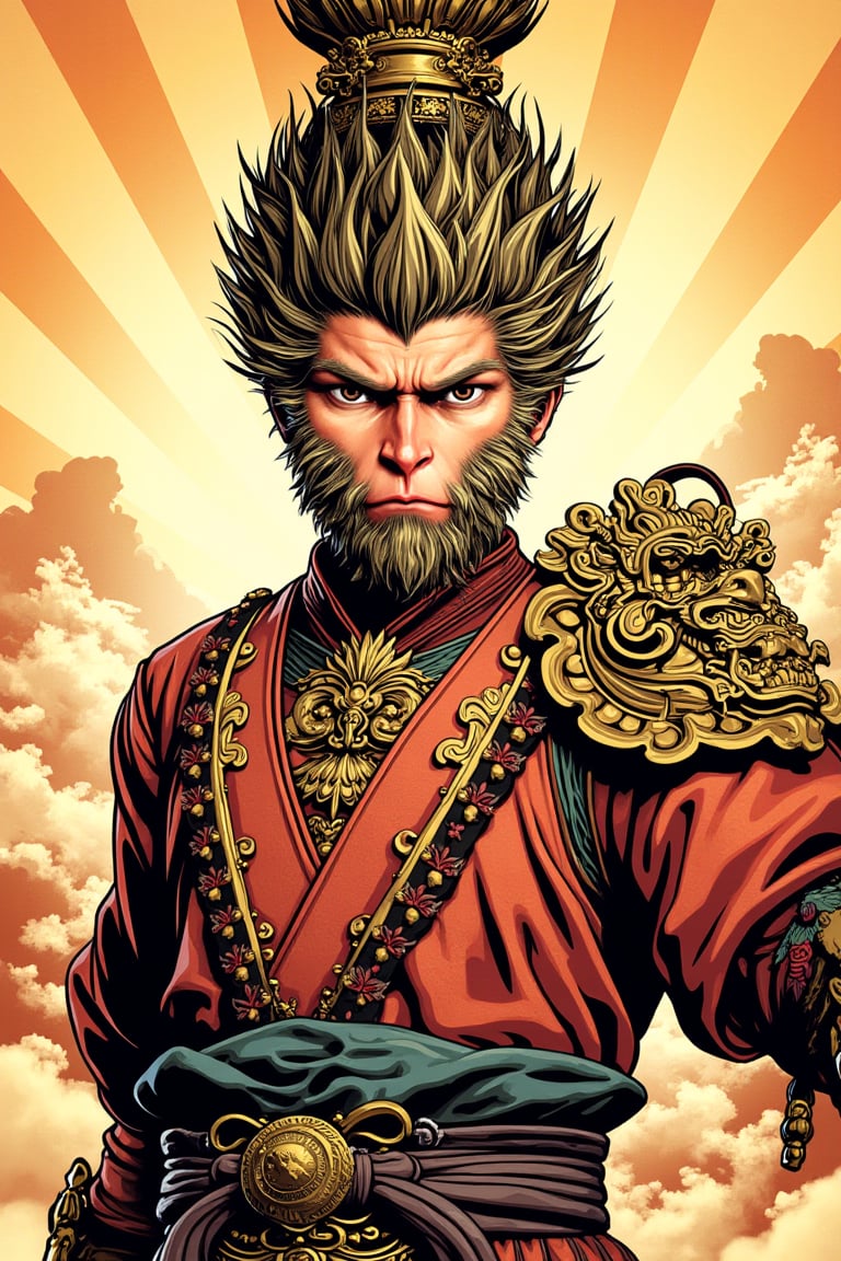 Comic book style cartoon line art, bold black lines, retro line style, portrait of Sun Wukong.  Holding a golden cudgel ,it refers to the shape of the 3A game "Black Myth Wukong".