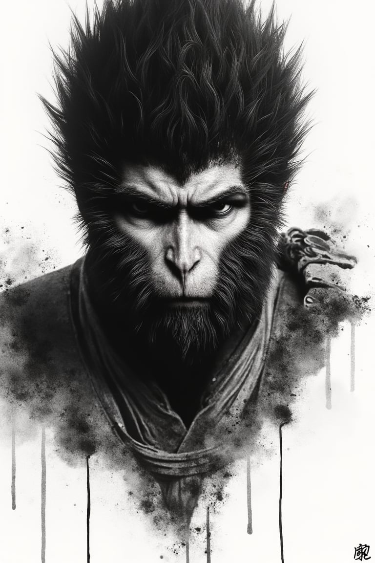 Anthropomorphic monkey king,solo, rendered in sumi-e style, fierce eyes glaring intensely at viewer, face partially wrapped in tattered cloth. Bold, expressive brush strokes capturing fur texture and facial features. Dripping ink creating sense of gritty atmosphere. Minimalist background with ink splatters. Blend of traditional Japanese ink painting and dark urban aesthetic. Powerful contrast between black ink and white paper. Emanating aura of strength and defiance,ink