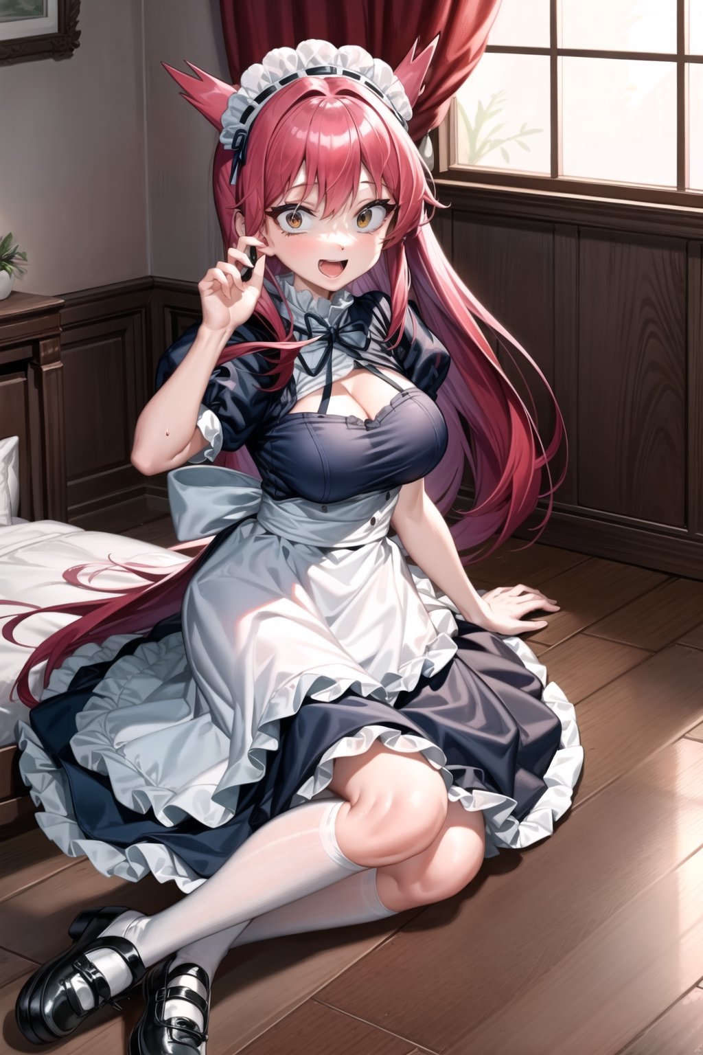 (masterpiece), latias, 1girl, solo, long hair, breasts, looking at viewer, smile, open mouth, indoor, puffy sleeves, apron, maid, maid headdress, white stockings, shoes, mary janes, laying down on bed, G cup breast, constricted pupils