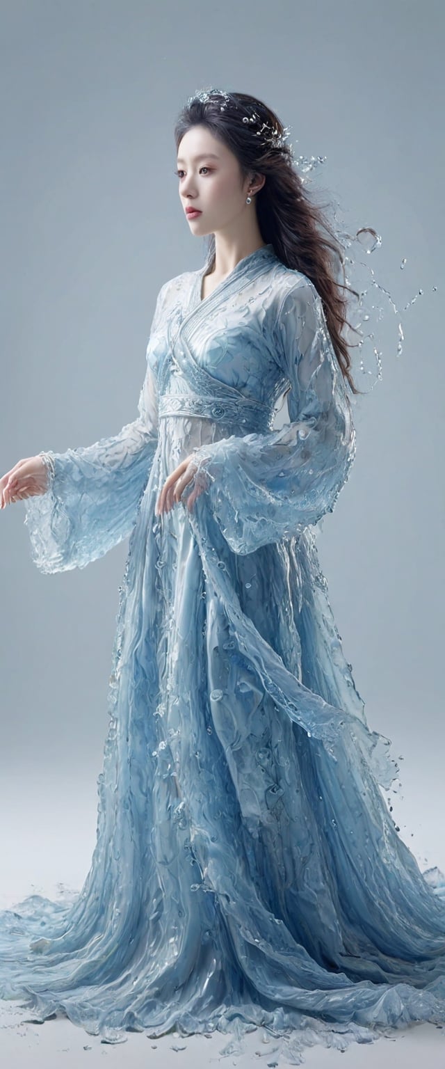 (winter theme):1.67, award-winning portrait, hyperrealistic:1.5, the most remarkable elegant princess in the world, light-blue exquisite hanfu made of water, black embroidery, long and wide sleeves, (pronounced facial features):1.2, face radiating lust, (symmetric v-shaped face):1.3, (bright eyes):1.4, glamorous face, long hair, watce, (rose petals):1.5, Chinese girl